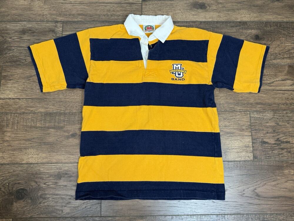 Vintage Barbarian Rugby Wear Shirt Mens L Marquette Short Sleeve Yellow Blue